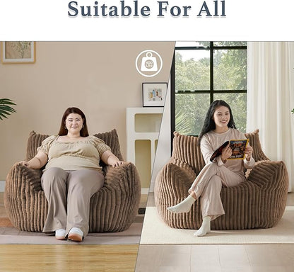 Giant Plush Bean Bag Chair for Adults with Armrests - Oversized Comfy Khaki Beanbag Lounge Lazy Floor Sofa Chair for Living Room, Bedroom & Dorm, Cozy Fluffy Single Cloud Mini Couch