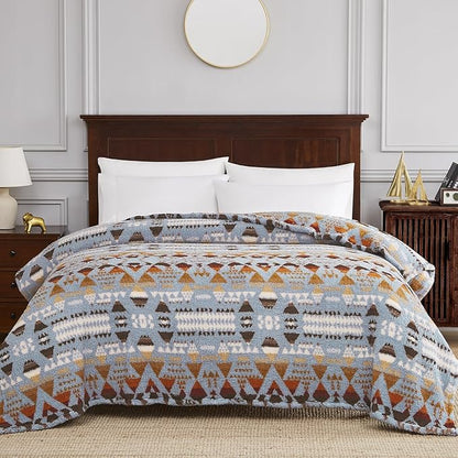 CASAAGUSTO Boho Sherpa Throw Blanket, Aztec Queen Blanket, Ultra Soft, Warm, Cozy, Plush, Thick Fleece Bohemian Throw Blanket for Couch, Bed, Sofa (Blue Grey 90 * 90 Inch)