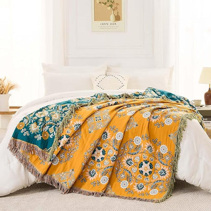 Boho Throw Blanket, 100% Cotton Ultra Soft Luxury Throw Rustic Quilt, Floral Printed Farmhouse Decor Bed Summer Blankets, All Season Rustic Reversible Bohemian Throw for Bed (90"x98" Yellow