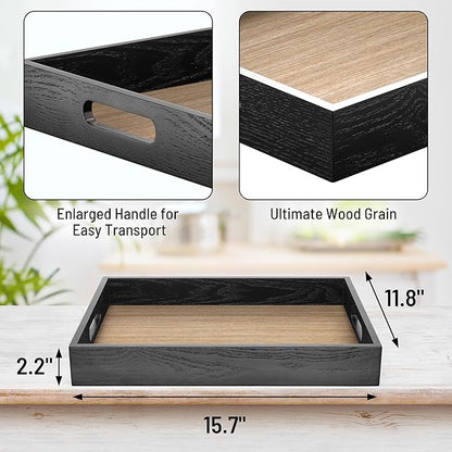 Wood Serving Tray with Handles, Home Decorative Wooden Rectangle Ottoman Decor Platter Vanity Tray for Breakfast Dinner Drinks Kitchen Dining Living Bathroom Restaurants Black Wooden