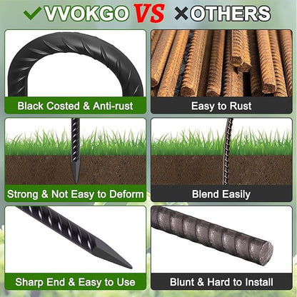 VVOKGO Rebar Stakes 24 Inch J Hook Heavy Duty Ground Anchors (32pcs), 3/8 Inch Diameter Metal Steel Extra Long Fence Stakes with Chisel Point End for Greenhouse, Gazebo, Carport, Camping Tents, Black