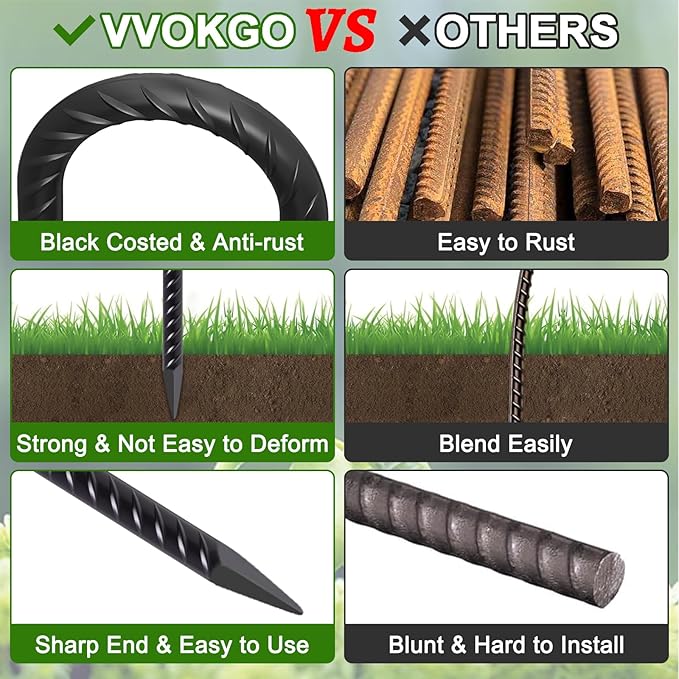VVOKGO Trampoline Stakes 12 Inches Anchors High Wind Heavy Duty, 8-Pack U Shaped Tie Down Anchor Kit for Ground, Camping Tent, Soccer Net, Swing Set, Black