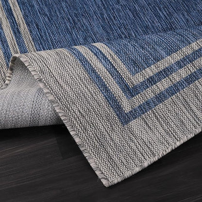 Bordered Outdoor Rug 10x14 Washable Outside Carpet for Indoor Patio Porch Waterproof Easy Cleaning Non Shedding Area Rugs Navy 10 x 14