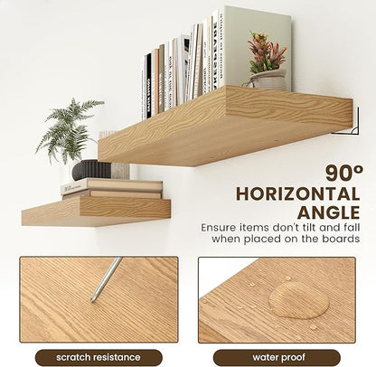 12 Inch Deep Floating Shelves | 30W x 12D Rustic Floating Shelves for Wall Set of 2 | Oak Shelves for Living Room Bathroom Laundry Room Bedroom Kitchen Home Office - Oak