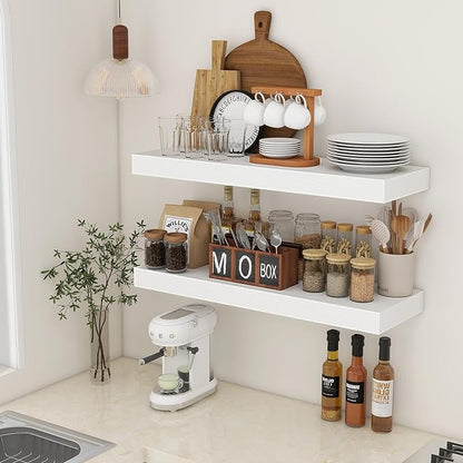 Deep Floating Shelves, 12'' Deep Rustic Large Floating Shelves Set of 2, White Shelves for Wall 36 Inches Long, Wood Shelves for Living Room Laundry Room Bedroom Kitchen Home Office - White