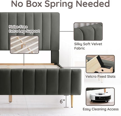 Livinia Twin Size Elton Velvet Platform Bed, Upholstered Bed Frame with Vertical Channel Tufted Headboard Footboard, Strong Wood Slats, No Box Spring Needed, Gray (Twin)