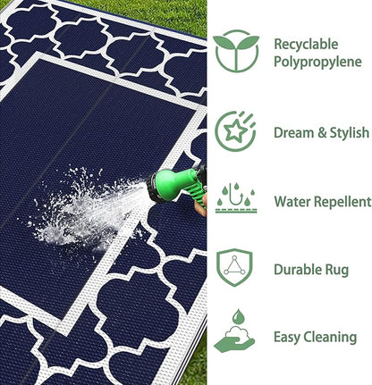 GENIMO Outdoor Rug 8' x 10' Patio Waterproof, Foldable Reversible Plastic Straw Area Rugs Mat for Camper Decor, Outside Carpet for Rv, Deck, Porch, Picnic, Beach, Balcony, Blue & White
