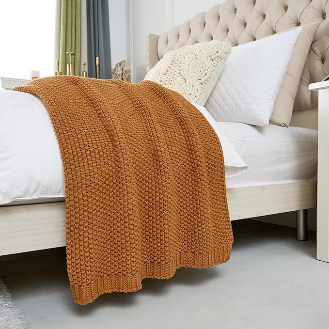 Chunky Cable Knit Throw Blanket Lightweight Burnt Orange 100% Organic Cotton Blanket for Sofa Couch Bed Baby Nursery, Rustic Shabby Chic Modern Farmhouse, 60” x 80” Give Laundering Bag