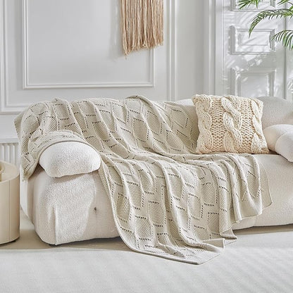 Longhui bedding Chunky Cotton Knit Throw Blanket for Couch, Sofa, Bed, or Chair, Decorative Breathable Fall Cable Knit Blanket 60 x 80 Inches, Large Medium Weight Beige