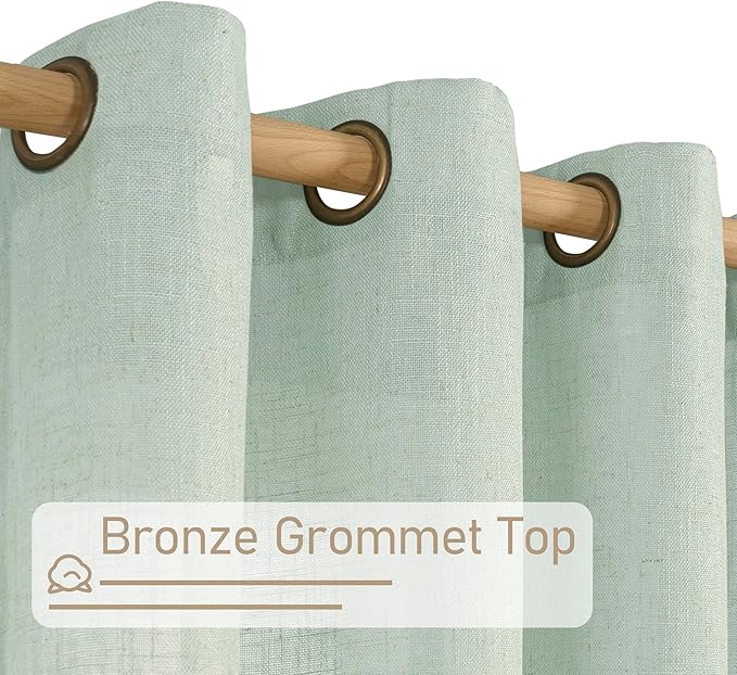 LAMIT Living Room Linen Curtains 95 Inch for Bedroom, Bronze Grommet Linen Textured Sheer Curtains Light Filtering Burlap Drapes for Farmhouse, 2 Panels, 52 x 95 Inch, Light Sage