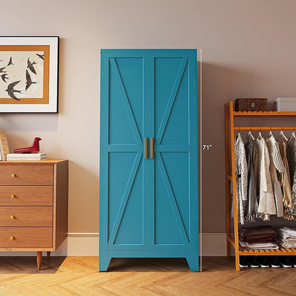 71'' Farmhouse Metal Storage Cabinet with Barn Doors,Steel File Cabinet for Home Office,Kitchen Pantry 4 Adjustable Shelves,Freestanding Cupboard for Kitchen,Home Office (Peacock Blue)