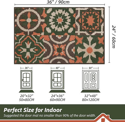 BEQHAUSE Dirt Trapper Door Mat 24" x 36", Non-Slip Entryway Rugs Washable, Floor Mat Stain Resistant and Absorbent Welcome Mat for Front Back Door, Muddy Wet Shoes & Paws, Boho Geometric Floral