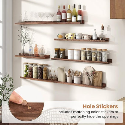 Fun Memories Picture Ledge Shelves Set of 2, 24 Inch Rustic Wall Mounted Floating Shelves with Lip for Home Storage and Décor in Bathroom, Kitchen, Nursery, Bedroom, Living Room, Walnut