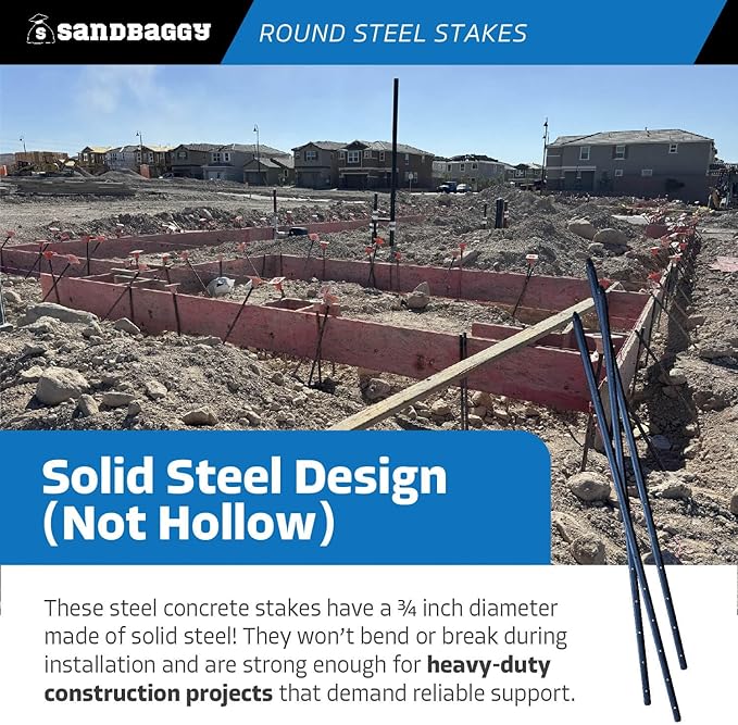 Sandbaggy Round Steel Concrete Form Stakes with Nail Holes - Rust Resistant Coating - Removable, Reusable (100, 3/4 in X 36 in)