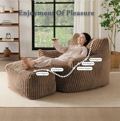 Oversized Bean Bag Chaise Lounge Chair Indoor for Adults with Armrests & Ottoman - Giant Comfy Khaki Beanbag Floor Sofa Cloud Accent Chair for Reading, Gaming, Cozy Plush Cloud Mini Couch