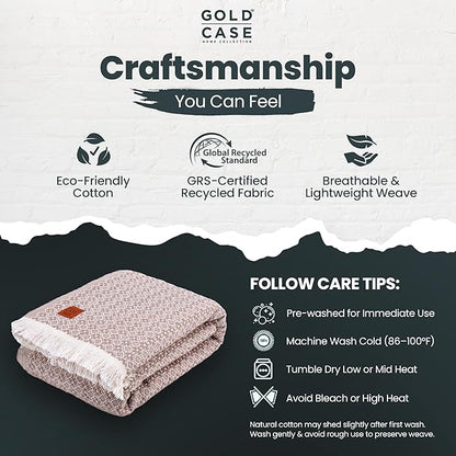 Gold Case Throw Blanket for Bed – 100% Recycled Turkish Cotton Bed Blanket – Decorative Throw Cotton Blankets for Living Room & Bedroom – Retro Beige Woven Queen Blankets – 90x90
