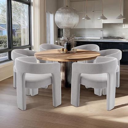 Grey Chenille Dining Chairs Set of 4, Modern Barrel Dining Room Chairs Upholstered Faux Fur Accent Chair with Arms and Round Back for Living Room Kitchen Armchair No Assembly Needed