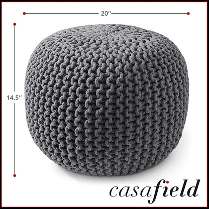 Casafield Round Pouf Ottoman, Dark Gray - 20" Diameter x 14.5" High Cotton Knit Foot Stool - Boho Floor Pouffe for Living Room, Bedroom, Home Office