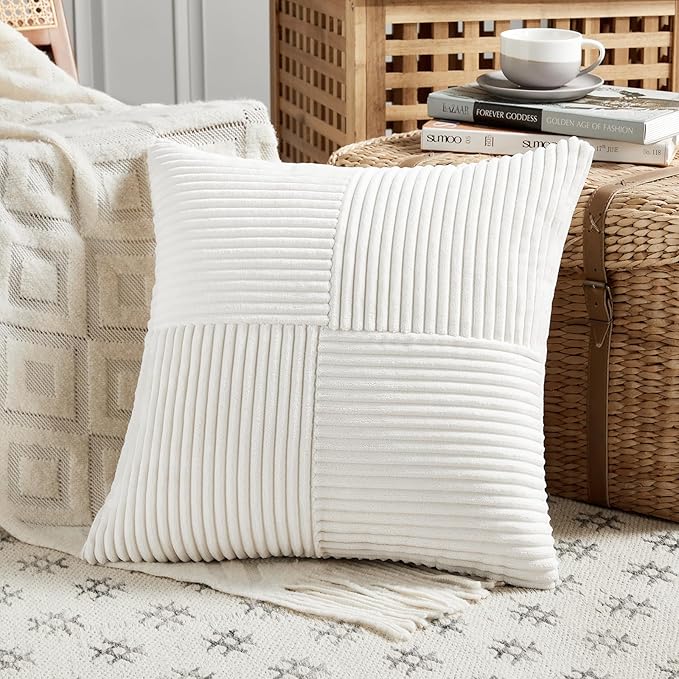 Fancy Homi 2 Packs Cream White Samll Decorative Throw Pillow Covers 14x14 Inch with for Couch Bed Sofa, Rustic Farmhouse Boho Home Decor, Soft Corss Patchwork Corduroy Square Cushion Case 35x35 cm