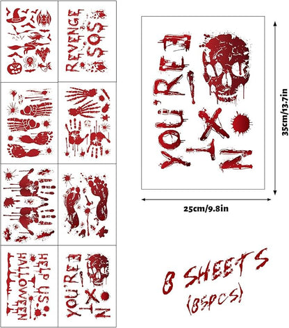 8 Sheets Halloween Window Clings, Bloody Handprint Footprint Window Stickers Scary Halloween Decorations Self Adhesive Wall Decal for Party Bathroom Car Door Zombi Restroom Sign Decals-85 Pcs