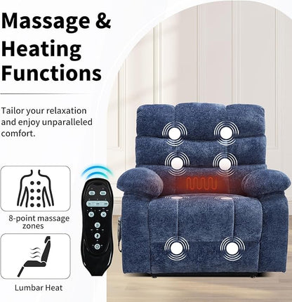 Lay Flat Recliner with Vibration Massage and Lumbar Heating, 26'' Wide Recliner Chair with Infinite Position and 2 Remote Controls, Soft Chenille Lift Recliner for Living Room, Blue