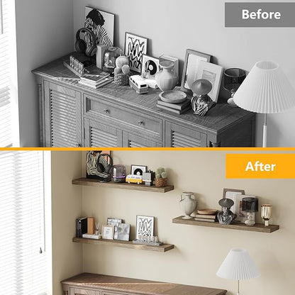 BAMEOS Floating Shelves, Wall Mounted Wooden Shelves with Invisible Brackets Set of 3, Hanging Wall Shelves Decoration for Bedroom, Bathroom, Living Room and Kitchen