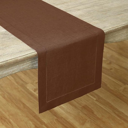 Solino Home Linen Brown Table Runner 108 Inches Long - 100% Pure Linen 14 x 108 Inch Table Runner for Fall, Autumn, Thanksgiving - Classic Hemstitch