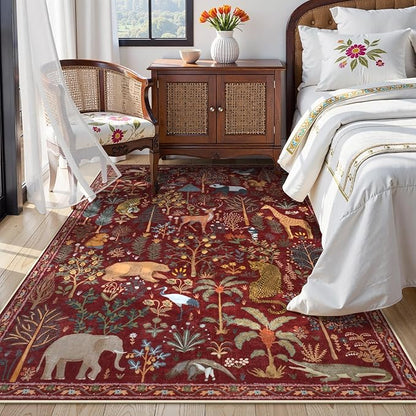 OJIA Jungle Print Washable Area Rugs 5x7, Soft Rugs for Living Room Ultra-Thin Non-Shedding Modern Bedroom Rug, Stain Resistant Throw Rug Large Carpet for Kids Nursery Dining Room, Red