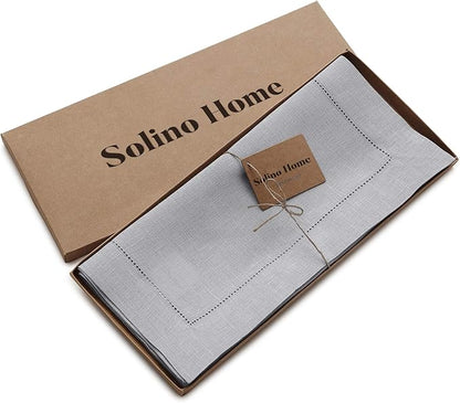Solino Home Linen Soft Grey Table Runner 48 Inches - Classic Hemstitch, 100% Pure Linen Coffee Table Runner 14 x 48 Inch Ideal for Dresser Tables - Fall, Autumn, Halloween, Thanksgiving