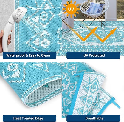 GAOMON Outdoor Rug Waterproof 9x18 Reversible Plastic Straw Rug, Large Rugs for Patio UV-Resistant Portable RV Camping Mats, Indoor Outdoor Medallion Carpet for Deck Porch Garden, Light Blue