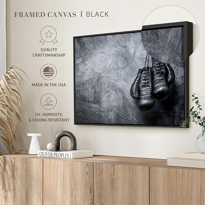 ElephantStock Boxing Gloves Wall Art - Horizontal Framed Canvas - 1-Piece Living Room Wall Decor - Photography Sports Canvas Print - Black and Gray Decor for Wall - 25" X 17"