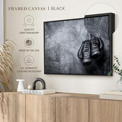 ElephantStock Boxing Gloves Wall Art - Horizontal Framed Canvas - 1-Piece Living Room Wall Decor - Photography Sports Canvas Print - Black and Gray Decor for Wall - 31" X 21"