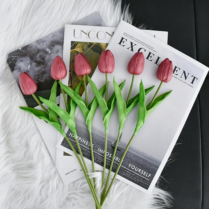 Mandy's Artificial Tulips 20 Stems Mauve PU Faux Flowers for Wedding Home Decor 13.5 Inch