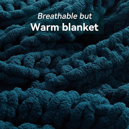 Chunky Knit Throw Blanket, 40''*50'' Knitted Throw Chenille Yarn for Bed Couch, Handmade Peacock Blue Crochet Big Thick Blanket, Machine Washable Cute Comfy Blanket for Home Decor