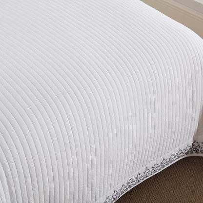MarCielo 3-Piece 100% Cotton White Striped Quilt Set with Botanical Edge Embroidery TC(Sakura White,King(106" X 98"))