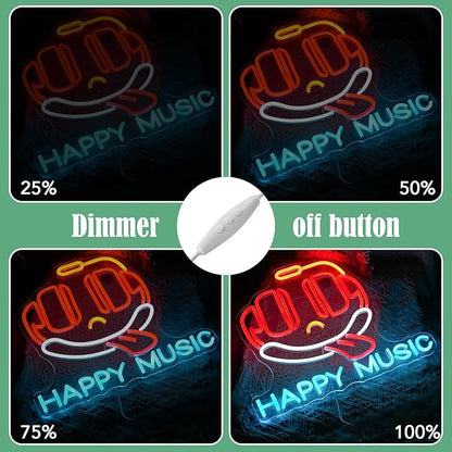 Headphone Neon Sign Dimmable Led Happy Music Neon Light for Wall Decor USB Cute Headset Figure Neon Light Sign for Music Studio Bar Live Music Party Bedroom