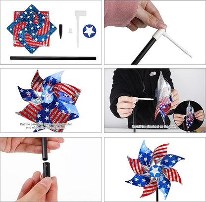 Hausse 10 Pack Reflective Pinwheels Patriotic Decorations, American Flag on Stick Wind Spinner with Stake for Independence Day, Memorial Day July of 4th Party Supplies, Scare Birds Repellent Devices