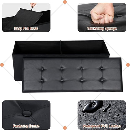 SUPER DEAL 43 Inch Folding Storage Ottoman Bench, Faux Leather Storage Chest Shoes Bench with Divider Padded Seat Couch Footrest for Bedroom Entryway, 660 lbs Capacity 43"x 15"x 15", Black