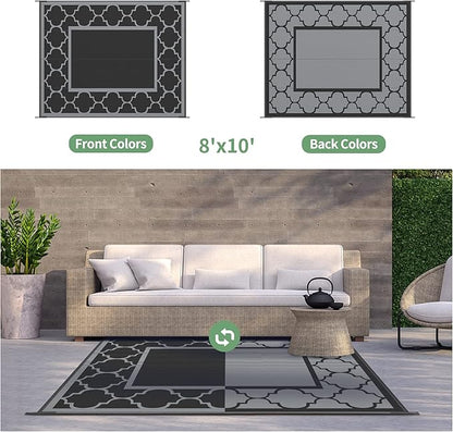 GENIMO 8' x 10' Outdoor Rug Patio Waterproof, Reversible Plastic Straw Area Rugs Mat for Camper Decor, Outside Carpet for Camping, Rv, Deck, Porch, Picnic, Beach, Balcony, Black & Grey