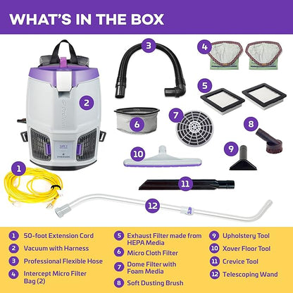 ProTeam GoFit 3 Commercial Backpack Vacuum with Xover Multi-Surface Telescoping Wand Tool Kit, 3 qt, Corded