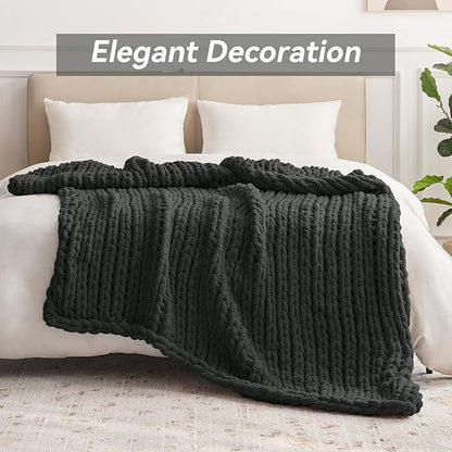 Chunky Knit Throw Blanket, 60''*80'' Knitted Throw Chenille Yarn for Bed Couch, Handmade Dark Grey Crochet Big Thick Blanket, Machine Washable Cute Comfy Blanket for Home Decor