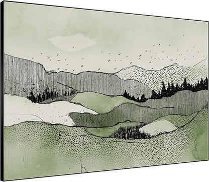 SIGNWIN 60"x72" Extra Large Framed Wall Art Green Line Art Mountain Landscape Illustration for Home Living Room Bedroom Decor (Frame Assembly Required)