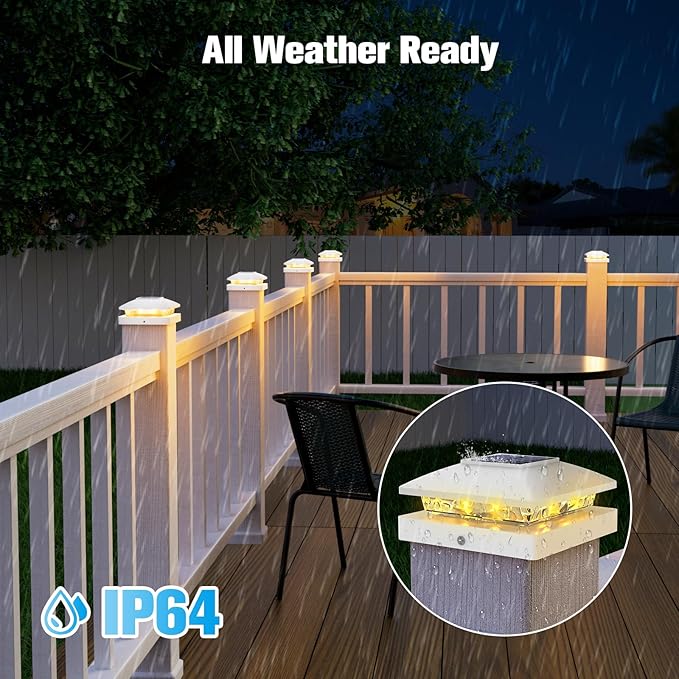 VOLISUN 4x4 Solar Post Cap Light 12pack,Solar Fence - Cap Lights Outdoor Waterproof for Wooden/Vinyl Post,White Deck Post Cap Light Solar Powered with Warm White for Garden/Patio/Porch