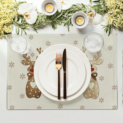 Christmas Reindeer Snowflakes Placemats Set of 4 Xmas Cute Elk Deer Place Mats 12x18 Seasonal Winter Holiday Farmhouse Linen Table Mats for Party Kitchen Dining Outdoor Indoor Decor