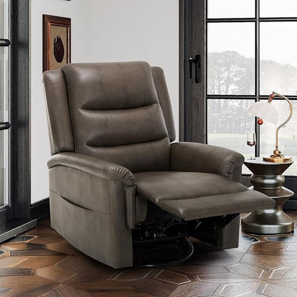 COLAMY Oversized Leather Recliner Chair, 360°Swivel Rocking Manual Recliner with Thick Cushioned Padding Backrest and Wide Seat - Lightbrown