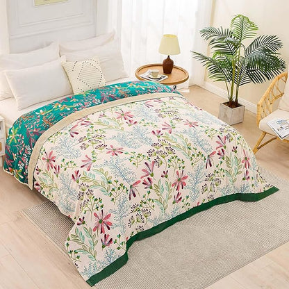 Boho Throw Blanket for Bed, 100% Cotton Soft Rustic Quilt Fall Blanket, 60"x80" Floral Printed Farmhouse Decor Bed Blankets, All Season Rustic Reversible Bohemian Throw Quilt