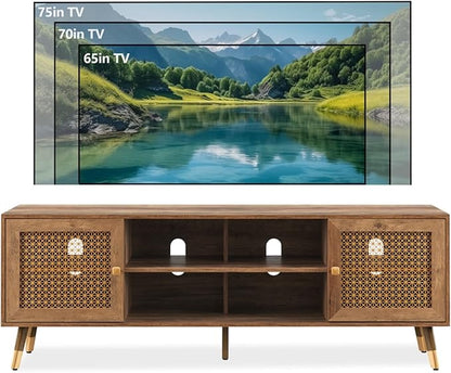 JYED Mid Century Modern TV Stand and Console for TVs Up to 75 inch - Rustic Oak Entertainment Center, 2 Gold Metal Mesh Doors & MDF Wood Grain, 15.8" D x 66" W x 23.5" H