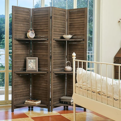 Room Divider with Shelves, 5.6 Ft Tall Folding Wood Screen with Double Hinges for Home Office Bedroom Hotel Decoration (4 Panels, Brown)