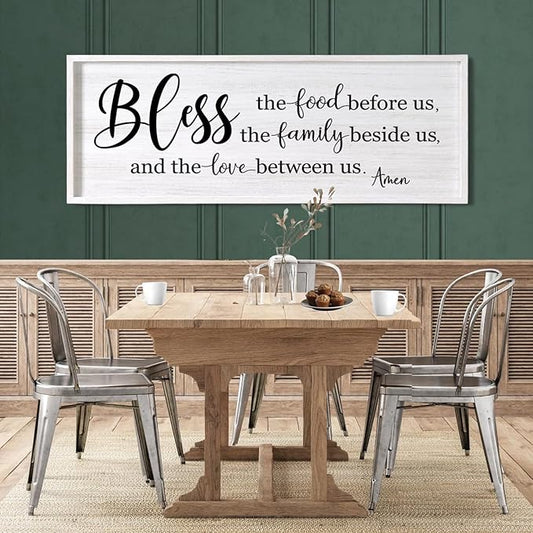 Bless the Food Before Us, the Family Beside Us, and the Love between us Framed Wall Art for Dining Room, 40''×15'' Holy Positive Religious Rustic Bible Verse for Christian God Jesus Christ Prayer