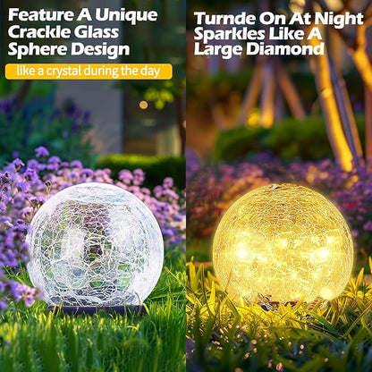 Garden Solar Ball Lights Outdoor Waterproof, 80 LED Cracked Glass Globe Solar Power Ground Lights for Path Yard Patio Lawn, Christmas Decoration Landscape Warm White(2 Pack 5.9'')